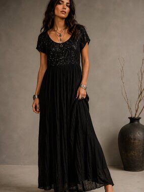 Vintage Y2K Dress Xotica Women Large Black Sequin Crinkle Maxi Soft Boho Goth